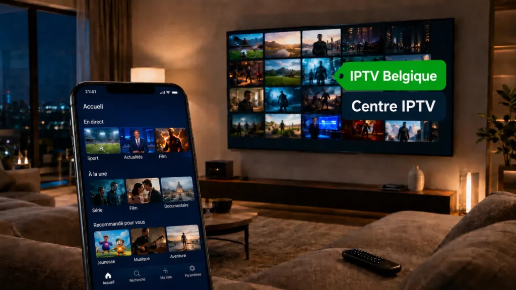 Interface IPTV Belgique Centre IPTV sur Smart TV et smartphone avec chaînes belges en direct
