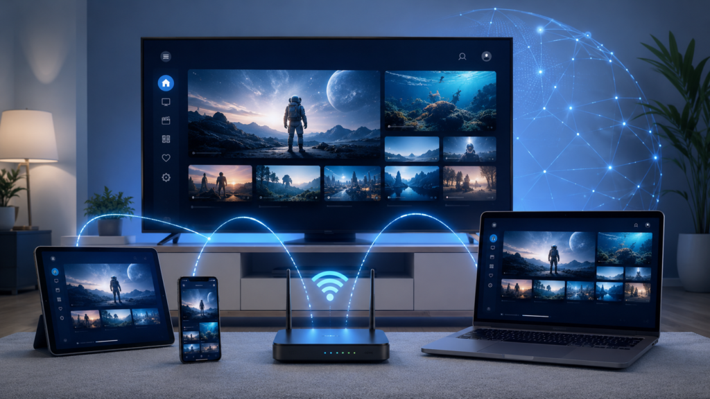 Illustration IPTV avec télévision, routeur WiFi et appareils connectés