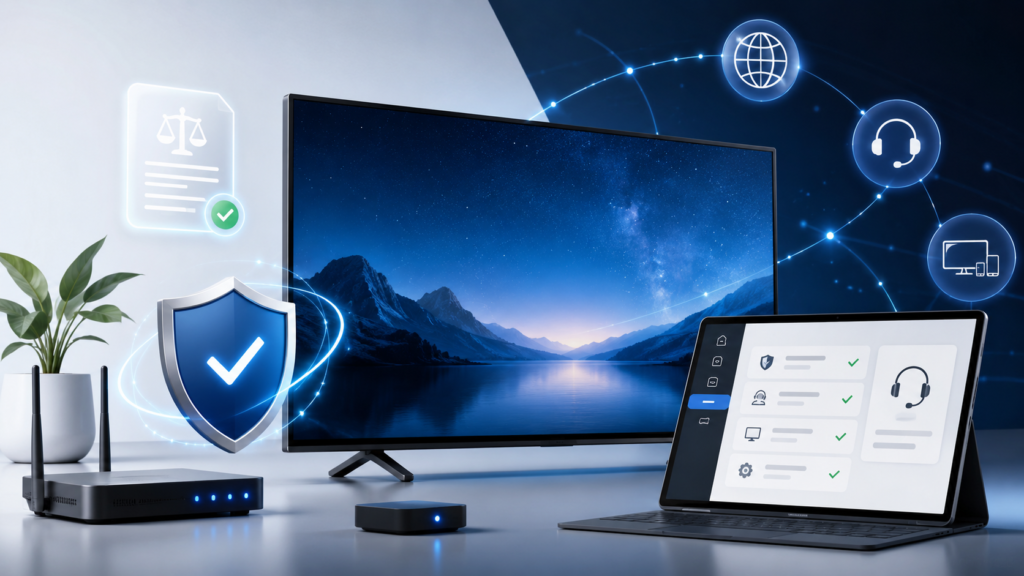 Illustration IPTV légal avec écran connecté, bouclier de sécurité et interface de support