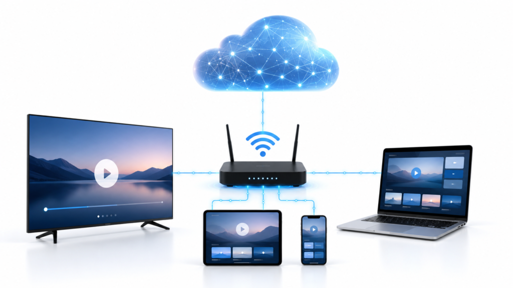 Appareils compatibles IPTV avec Smart TV, boîtier TV, smartphone, tablette et ordinateur