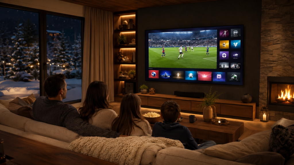 IPTV Québec famille regardant un match de football en streaming 4K dans un salon chaleureux en hiver