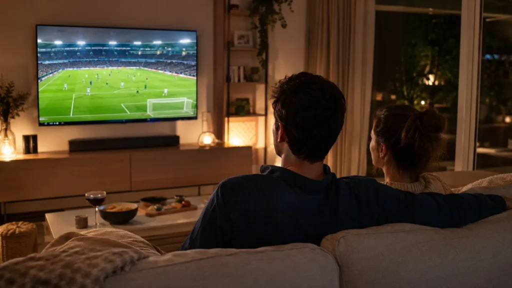 Couple regardant la TV sur internet en France via un forfait IPTV annuel Title: Forfait IPTV annuel ou mensuel France 2026